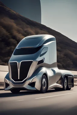 photo of futuristic truck on the road at noon, more wide shoot, with good body view