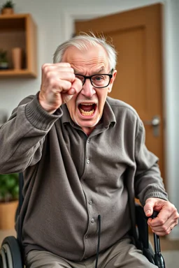 Portrait of poor angry caucasian very old senior man wearing eyeglasses and showing big fist standing at home indoor, Older Adults and Their Anger Issues, wheelchair, holding an microphone screaming
