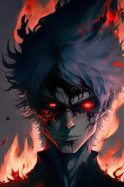 Anime with wight hair and black clothes and power fire and eyes of sharengan and cool face and blood in face