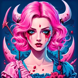 2dcg,retro art style,blue and light pink color,gore,violence,cute lady,Decapitation,dismemberment,disturbing,Monster,guts,morbid,mutilation,sacrifice,butchery,meathooks