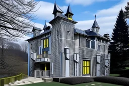 A gray Scottish chateau made out of steel painted by Roy Lichtenstein