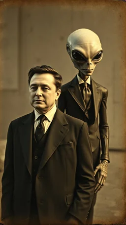 An old picture style of white and brown and very bad quality old camera with cracks of Elon Musk standing with a gentleman Alien , the alien is wearing a black suit with tie, the year 1900