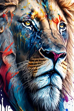 "lion", clean design, epic Instagram, art station, splash of colorful paint, contour, ((solid white background)), closeup, looking into camera, hyperdetailed intricately detailed, unreal engine, fantastical, cinema lighting, intricate detail, splash screen, complementary colors, fantasy concept art, 8k resolution, DeviantArt masterpiece, watercolor, paint dripping