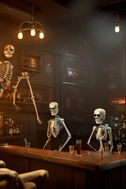 Skeletons having a drink at a bar counter, smoking sigars