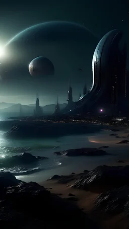 sci fi planet, alien city, beach, dark