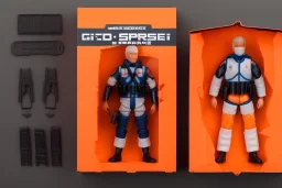 Mike Pence G.I. Joe toy action figure Space force uniform With Extra accessories inside a blister packaging hanging on a Wallrack in toystore, fluorescent orange, toy guns, wide angle shot whole body, black moonboots, fullsize