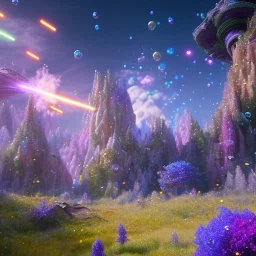 blue gold and violet landscape with multicolored crystals falling from the sky, full of details, smooth, bright sunshine，soft light atmosphere, light effect，colorful, concept art, smooth, extremely sharp detail, finely tuned detail, ultra high definition, 8 k, unreal engine 5, ultra sharp focus