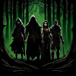 A group of four characters from a fictional book world. A witch, a gladiator, a thief, and an enchanter. The characters are in a dark forest. The characters are shrouded in mystery.