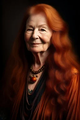 portrait of a beautiful 80 year old highlander woman with long reddish white wavy hair, curvy body, earthbound, warm-hearted