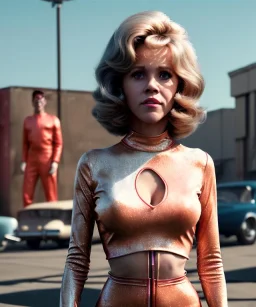 Ultra Realistic retro sci-fi movie Supermarket parking scene, 1960 year, waist up view portrait, 2 giant clones blonde women, sweet teenager Jane Fonda face, perfect iris, glow eyes, face makeup, tight latex coat, many people, Retro sci-fi style, soft color, highly detailed, unreal engine 5, ray tracing, RTX, lumen lighting, ultra detail, volumetric lighting, 3d, finely drawn, high definition, high resolution.