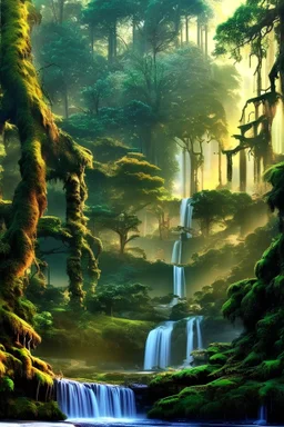 Beautiful forest landscape with waterfalls and tall trees