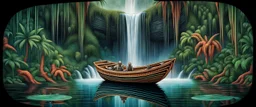 geometry boat in front of jungle waterfall colorfull dork neck bambooza schizoid dreams in the style of giger and escher