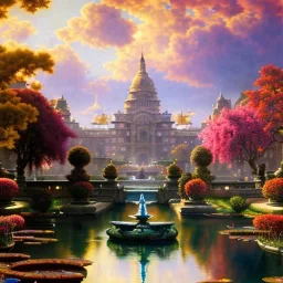 Hyperdetailed oil on canvas, young robyn lively sits by the ornate fountain, goldfish pond, lotus, detailed face, long muti-hued red curly hair; by gaspar camps, maxfield parrish, alphonse mucha, cyril rolando, dan mumford; luminous colorful sparkles, glitter, airbrush, octane render, volumetric lighting, 16k