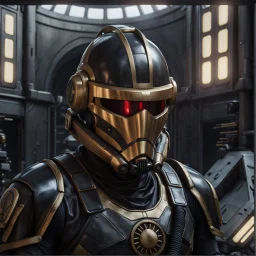 star wars bald male corellian pilot wearing pearlescent black and gunmetal grey First Order special forces heavy assault stealth commando armor and helmet with gold trim inside the jedi temple, hyperdetailed, dynamic lighting, hyperdetailed background, 8k resolution, volumetric lighting, light skin, fully symmetric details