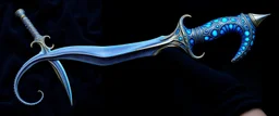 "A fantasy dagger inspired by a squid's tentacles, designed like a talon. The blade is curved and organic, shimmering with iridescent colors like deep-sea creatures. Its handle resembles a coiled squid arm, with tiny suckers and subtle bioluminescent patterns glowing in blues and purples. The overall design looks both ancient and alien, like a relic from an underwater civilization. The dagger is displayed on dark velvet or held by a gloved hand."
