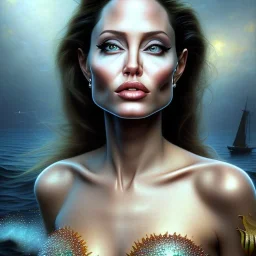 A beautiful portrait of Angelina Jolie as a mermaid , leaning on a ships deck ,Rough sea in the background, (digitall art by Eugene de Blaas and Ross Tran, vibrant color scheme, highly detailed, in the style of romanticism, cinematic, artstation best quality, realistic lighting, masterpiece portrait, details light dusting , cowboy shot from above, simple chain hauberk Vector art digital illustration 3D shading )