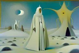 A woman wearing a white turban and long white coat in a surreal landscape by artist "Leonora Carrington" and "Max Ernst"