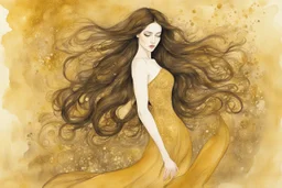 Dynamically dancing long haired brunette woman, in Klimt style, in ochre, watercolor and ink, golden glitters