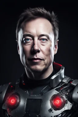 Portrait of Elon musk, scary cyborg face, metal plate checks and forehead, one red eye