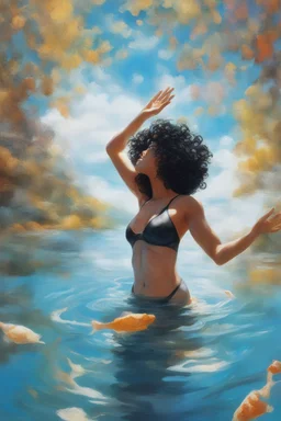 Abstract image of a beautiful woman with curly black hair floating in a river, looking up to the sky, arms stretched out, looking greatful, clear blue sky's, bright colours, 8k, super realistic, crystal clear waters