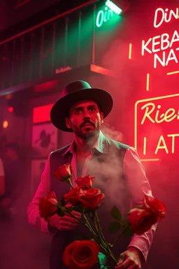An spanish Guy with big eyes "Enrique" performing at dance club, his name is "Enrique" Red roses On stage, red Neon lights and smog, and "Din KEBAB I NATT" big sign on the wall, serenade under balcony, ZORRO vibes