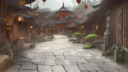 ancient, fantasy, chinese town, dune, crater, sand strom, destroyed chinese houses