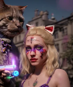 Ultra realistic afternoon photo, happy dope couple, blonde Alice woman and purple cat smoking a pipe, circus blue dress style, black headband with bow, old school body tattoo, smoke, marihuana garden, glow eyes, perfect iris, soft color, highly detailed, unreal engine 5, ray tracing, RTX, lumen lighting, ultra detail, volumetric lighting, high definition.