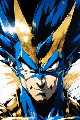 Poster in two gradations, split in half, one side "Vegeta", other side "Goku", midline of the face, painting by Yoji Shinkawa, dark blue and GOLD detailed iridescent, metallic, translucent, dramatic lighting, hyper futuristic, digital art,