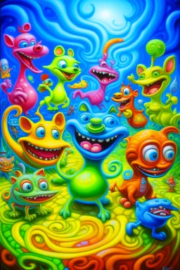 Lowbrow Pop Surrealism , A Whimsical high energy happy 1950’s Transparent Gelatin Animal Mascot Character parade, Oil Painting by Kenny Scharff