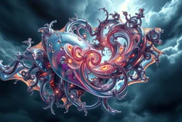 Dynamic complex hypnotic fractal 3D with horizontal Symmetry structures twisting and morphing between organic and geometric forms, smooth translucent iridescent glass with inner glow and bubbles, varied transparent materials, stormy skies, intense dramatic