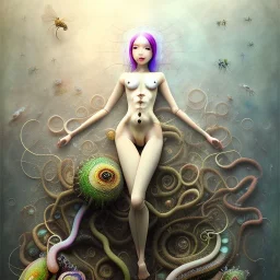 Realistic body, body, doll up, latex suit,Asian woman, leaning pose, full body, squid, intricate detail , watercolor illustration by <agnes cecile> centipede, insects, nest, octopus, fly, squid, multiple eyes everywhere, Dryad, plants, wildflower,