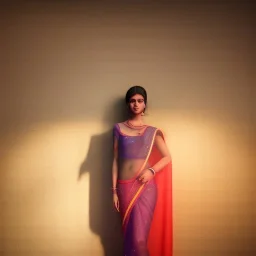 full body photo of a girl in saree in dark room with neon light ,hyperrealistic,detailed,8k,cinematic