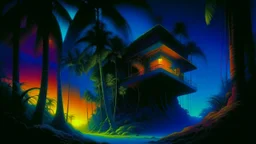 mysterious retrofuturistic house, glowing surrounded by tropical palm trees, synthwave, bright neon colors, highly detailed, cinematic, tim white, vladimir kush, chris foss, roger dean, bob eggleton, michael whelan, bruce pennington, bob eggleton, alfred kelsner, kubrick