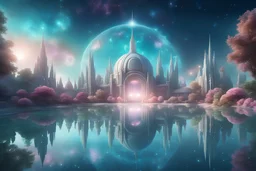 harmonique cosmic city with seral garden and great building, un environnement magnifique, cosmique, dôme à facette, cristauxs, lac , couleur turquoise. couleurs douces et pastel. infiniment de détails. ciel étoilés, étinecelles de lumières . haute définition, 4k,cosmic star sky