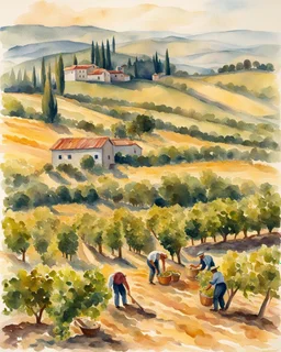 A sunlit vineyard with workers harvesting grapes against a backdrop of rolling hills. Watercolor, Post-Impressionism. Created in the style of Isabella Marconi.