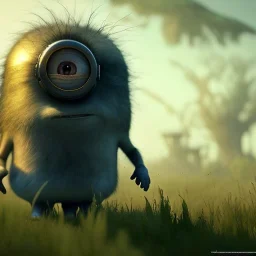 pixar style, volumetric summer apocalyptic environment and background, realistic painting of a Minion, smiling, detailed digital painting, extreme dense and fine fur, anime, ornate, colour-washed colors, elegant, small minutiae, tiny features, particulars, centered, smooth, sharp focus, renderman gofur render, 8k, uhd, detailed eyes, realistic shaded volumetric lighting, sunlight caustics, backlight, centered camera view