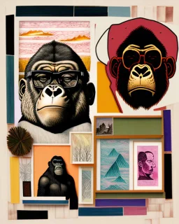 A collage-style image featuring a blend of artistic illustrations and designs. The top section displays framed artworks, including a sunset over a mountainous landscape and portraits of individuals with distinct styles, one wearing glasses. The middle section contains various sketches and symbols, while the bottom left shows a comic-style drawing of a gorilla's expressive face. The bottom right features a young woman with a unique hairstyle and accessories, sitting amid a green, plant-filled env