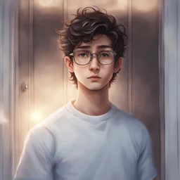 His hair is flying. His eyes turn blue. His eyelashes are white. - Symbols spread over his body in white. - A 24-year-old teenager - - Standing at the door of the house - - His dark brown hair - - His energy flows around - - He has a halo that lights up - - He wears teacher clothes and glasses -