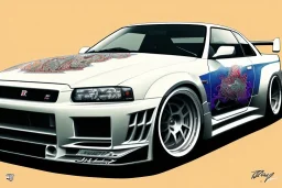 a true-to-life Nissan Skyline GT-R R34, classic wheels, twin-color finishing, centered, intricate, extreme detailed, photorealism, center view, stylized random background, pivot on nissan, pen and color marker painting by cheryl kelley