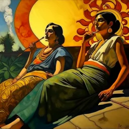 2 mexican woman smoking painting lying down neoclassism whole body zoom the sun