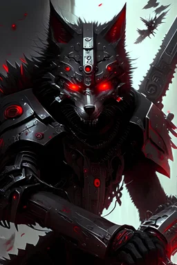 (masterpiece),best quality,expressive eyes,perfect face,wolf in black mech armor,red eyes,wielding a sword,battling a mechanical cat