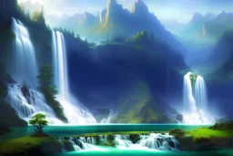 beautiful young empress of worlds overlooking waterfall of life overview of multiverse holding a white emerald