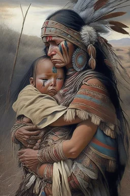 A valorous mother adorned with traditional attire worn by American Indian warriors traverses the battlegrounds of war with her cherished infant nestled firmly upon her back in a protective yet nurturing embrace