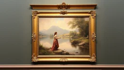 a classic painting on a musiume wall showing a lady standing next a river in coutry side with a luxury frame