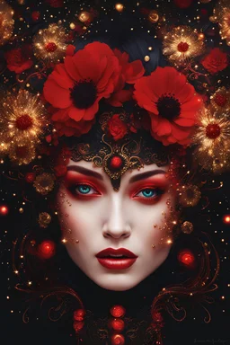 black and red and gold theme, close-up bioluminescent sparkling crimson red very different face of a woman surrounded by gold sparkles and black flowers, crimson red painted face, expressive and mysterious, a galaxy in her eyes, eyes pointed upwards, in a mysterious dark landscape, detailed matte painting, fantastical, intricate detail, splash screen, colorful, fantasy concept art, 8k resolution, Unreal Engine 5, centered, high contrast sharp focus, black and red theme, glossed and polished