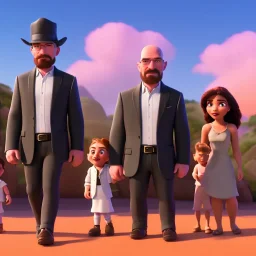 Walter White and his family at a funeral, 8k, realistic face, with a fedora, sunset background,