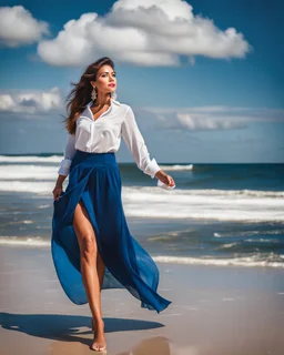 young lady wearing beautiful maxi blue skirt and elegant long shirt standing in beach posing to camera ,upper body shot,ships in sea ,blue sky nice clouds in background