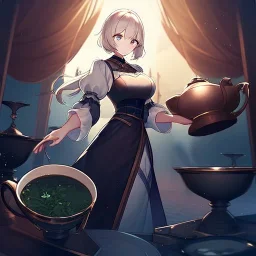 anime girl floating in the middle of a huge tea cup, tea cup is overflowing, girl is standing inside the cup looking over rim of the tea cup