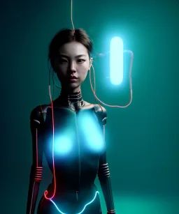 Ultra realistic photographic night portrait, cinematic, <Asian woman> many wires coming out of the head <garage> <droid friend>, hot, retro futuristic dress <Helmut newton photo style>, neon lights, color fog, soft color, highly detailed, unreal engine 5, ray tracing, RTX, lumen lighting, ultra detail, volumetric lighting, high definition.