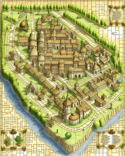 A map of a medieval city, castles, battle map, town square, gates